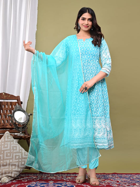 Embroidered Cotton Blend Kurta With Pant & Dupatta