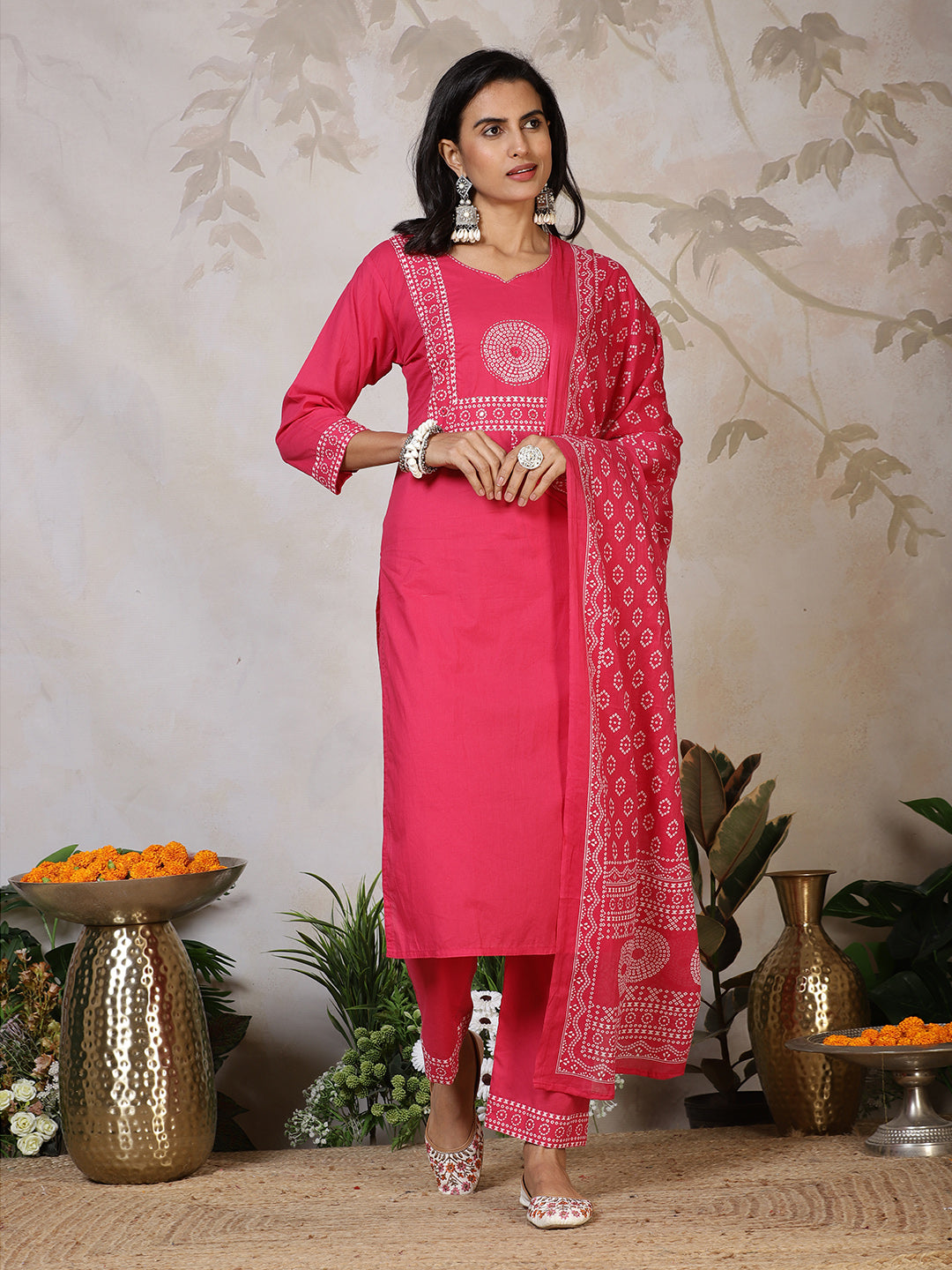 Printed Cotton Blend Kurta With Pants & Dupatta