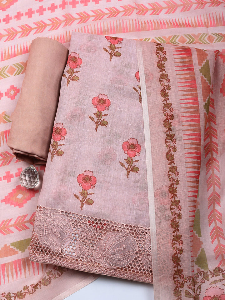 Embroidered Linen Blend Unstitched Suit With Pant &amp; Dupatta