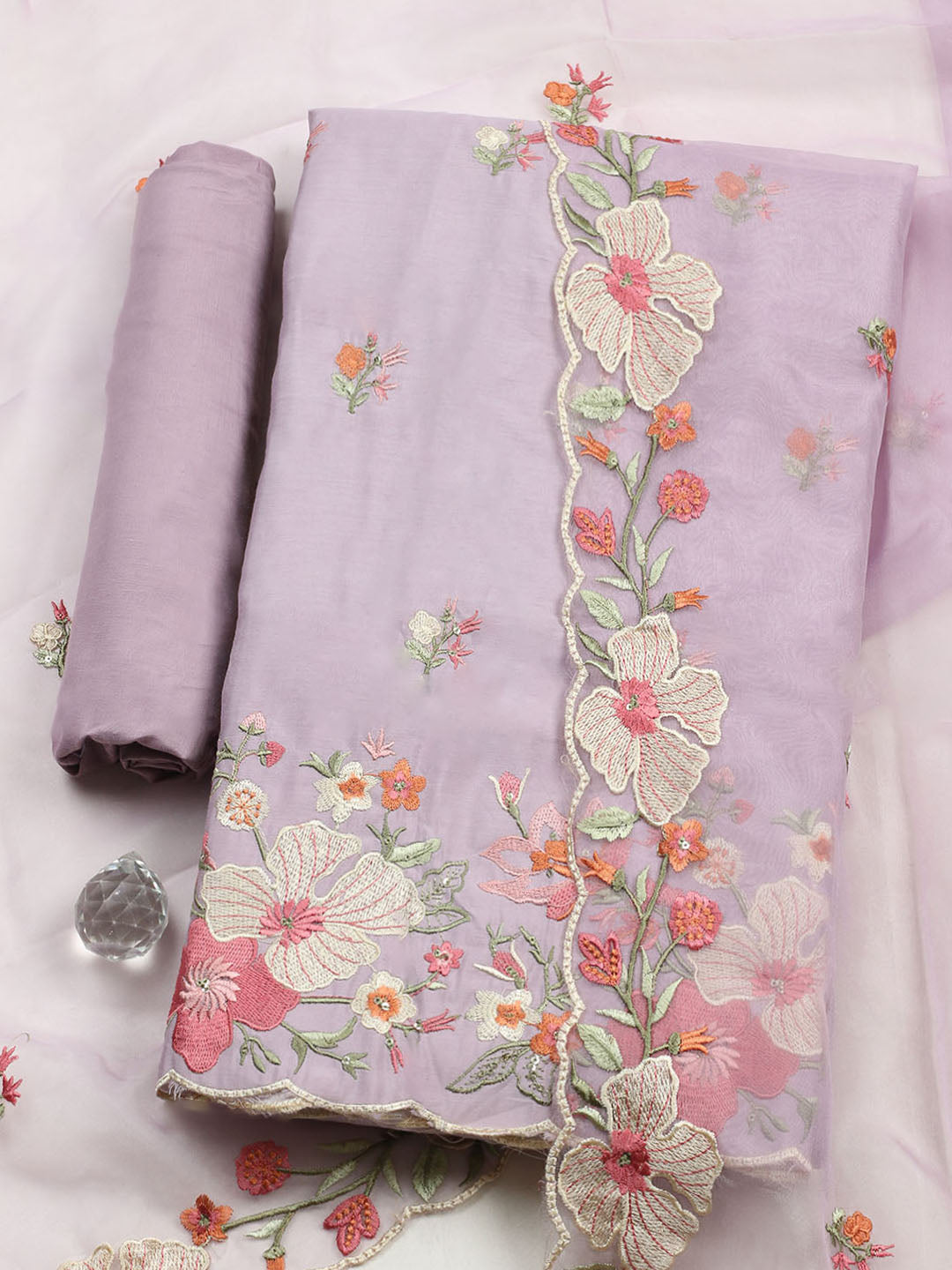 Embroidered Chanderi Unstitched Suit With Pant &amp; Dupatta