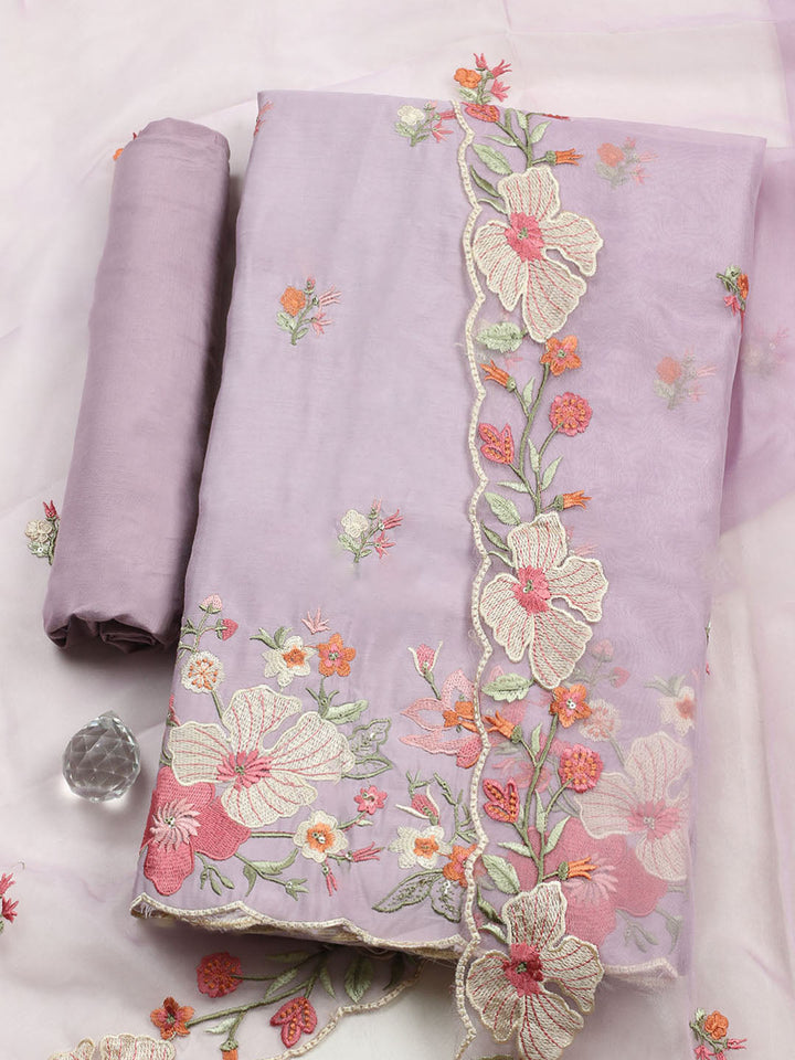 Embroidered Chanderi Unstitched Suit With Pant &amp; Dupatta