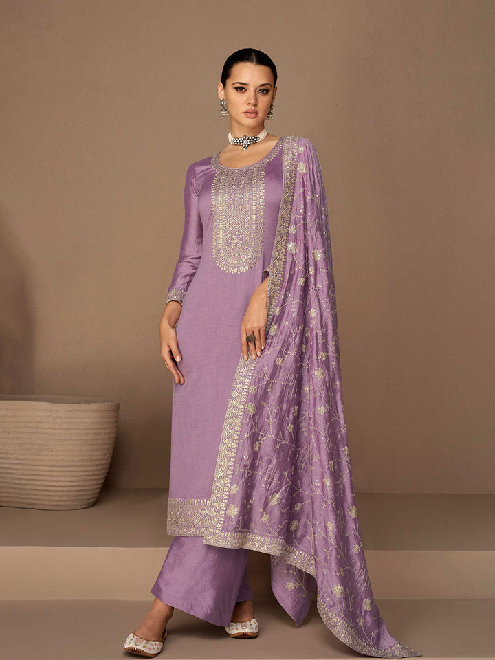 Embroidered Silk Semi Stitched Suit With Pant &amp; Dupatta