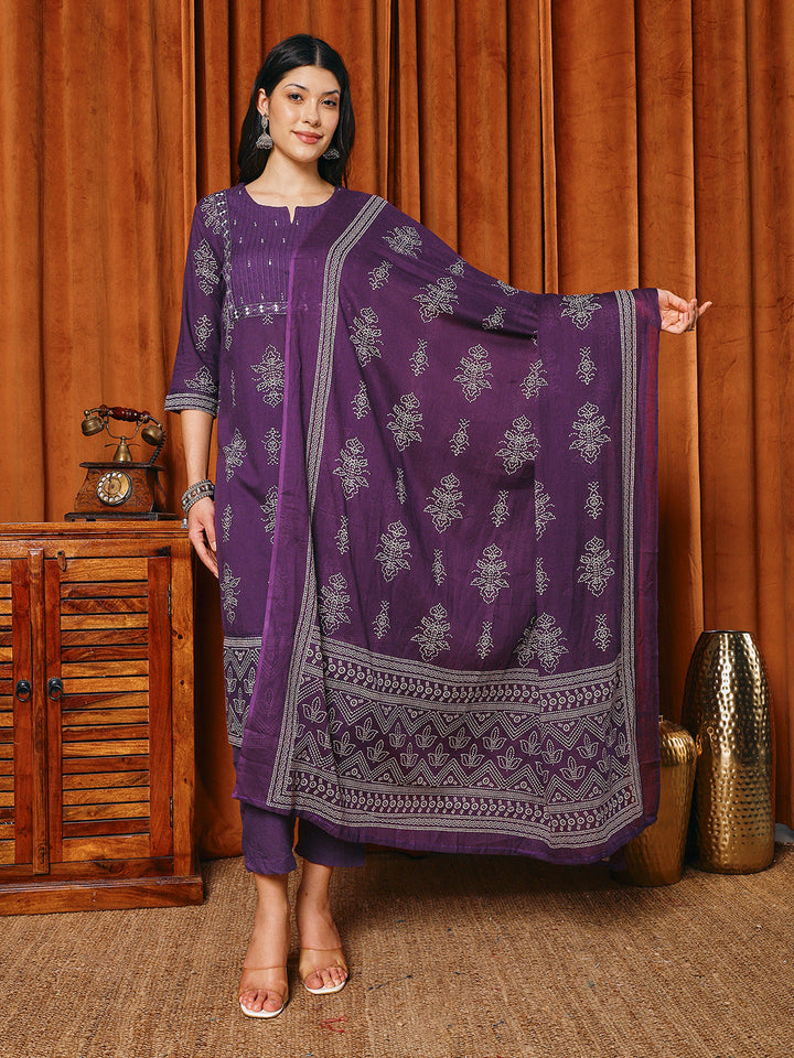 Printed Cotton Blend Kurta With Pants &amp; Dupatta
