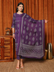 Printed Cotton Blend Kurta With Pants & Dupatta