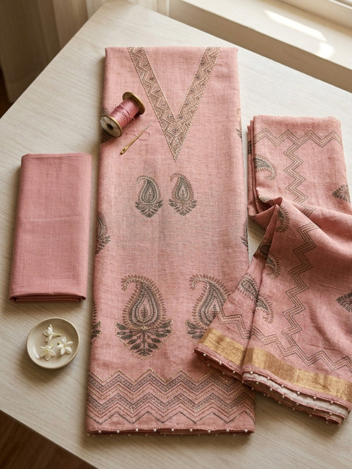 Embroidered Linen Blend Unstitched Suit With Pant &amp; Dupatta