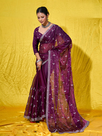 Sequence Embroidery Organza Saree