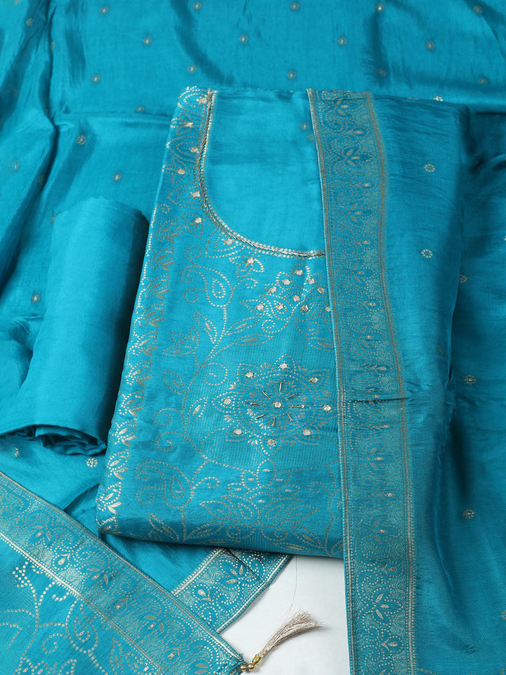 Woven Design Chanderi Unstitched Kurta With Pant &amp; Dupatta