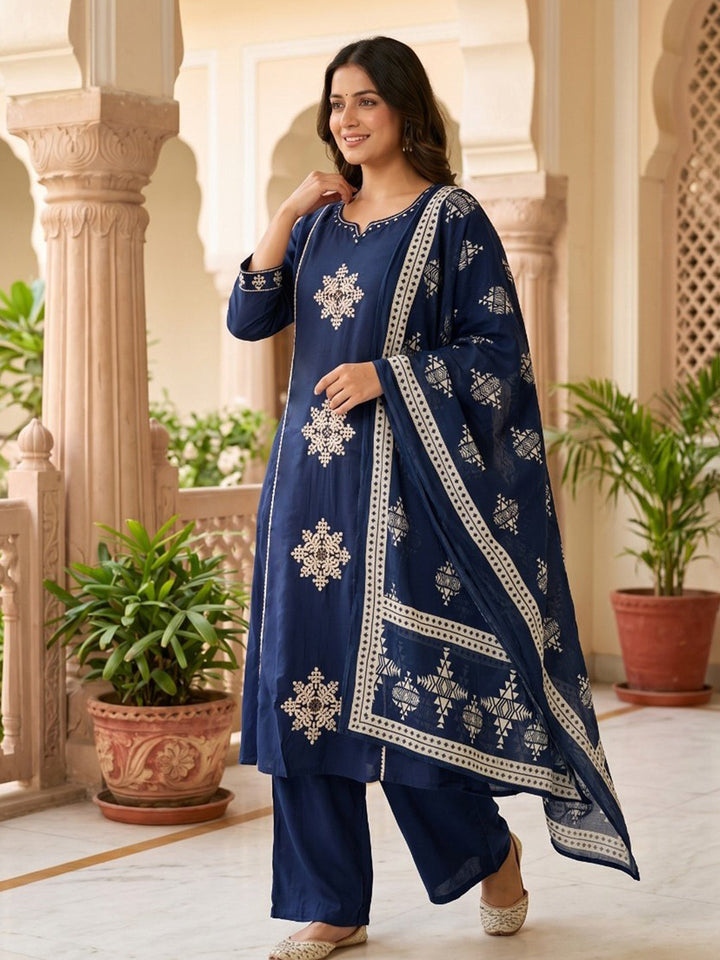 Neck Embroidered Cotton Blend Kurta With Pant &amp; Dupatta
