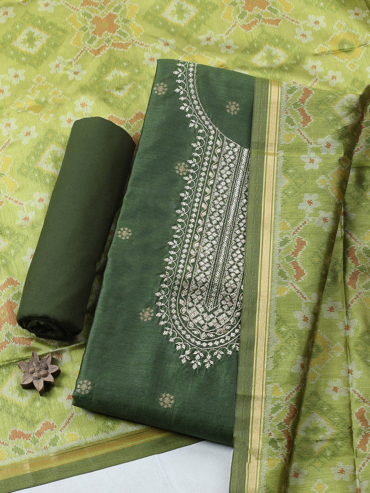 Embroidered Chanderi Unstitched Suit With Pant &amp; Dupatta