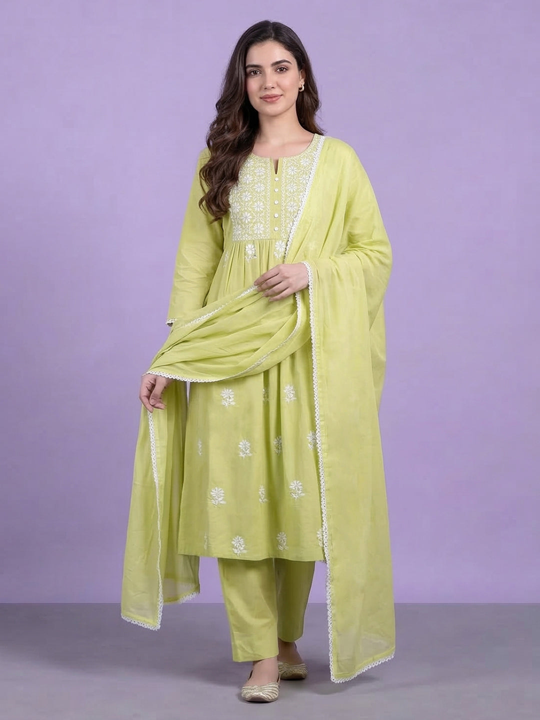 Embroidered Cotton Blend Kurta With Pant &amp; Dupatta