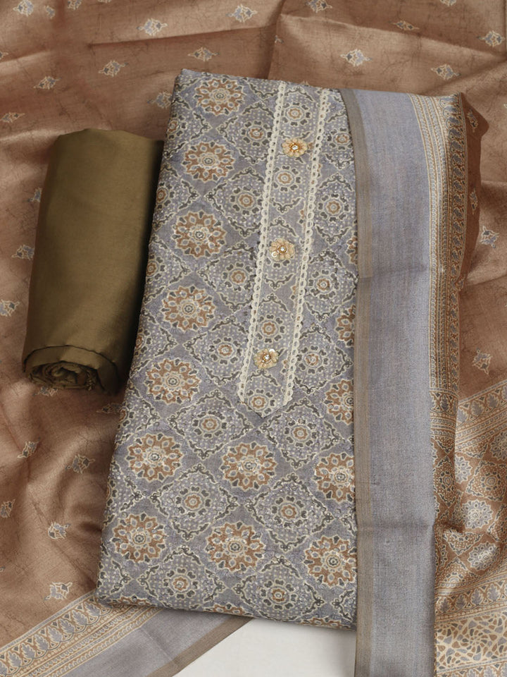 Printed Cotton Unstitched Suit With Pant &amp; Dupatta