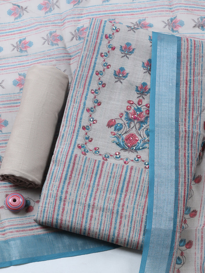 Printed Linen Blend Unstitched Suit With Pant &amp; Dupatta