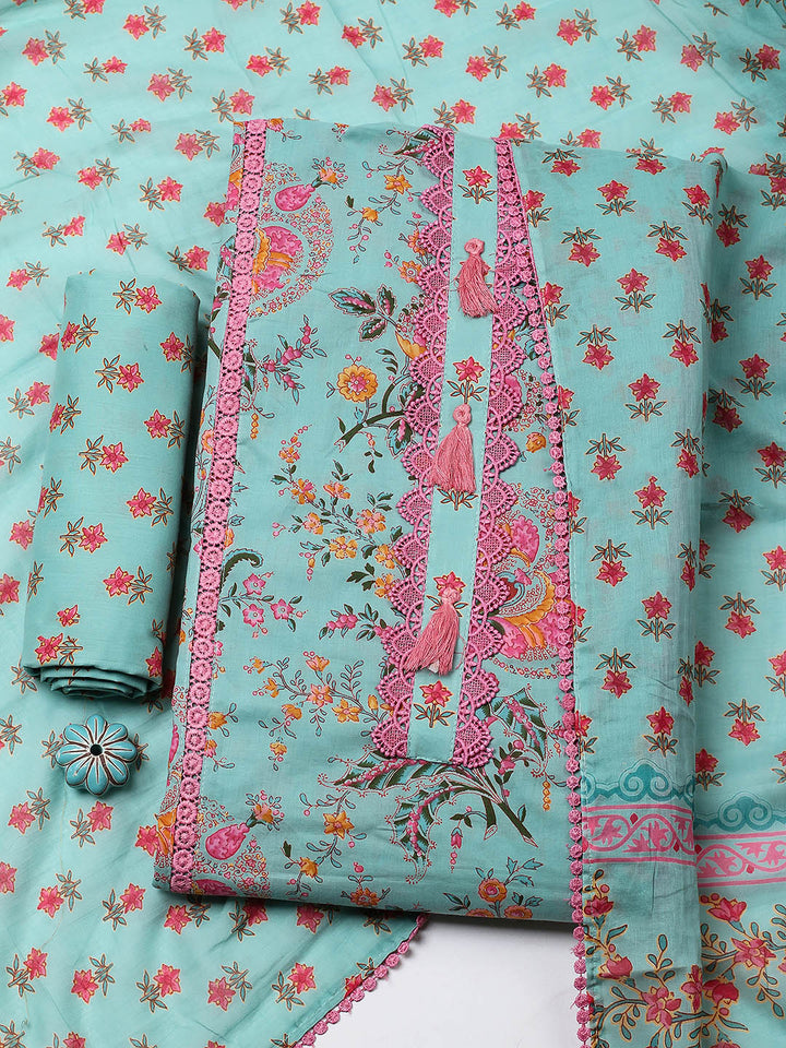 Embroidered Cotton Blend Unstitched Suit With Pant &amp; Dupatta