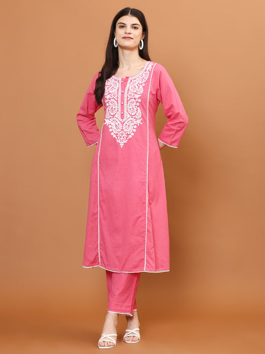 Resham Work Cotton Blend Kurti With Pants