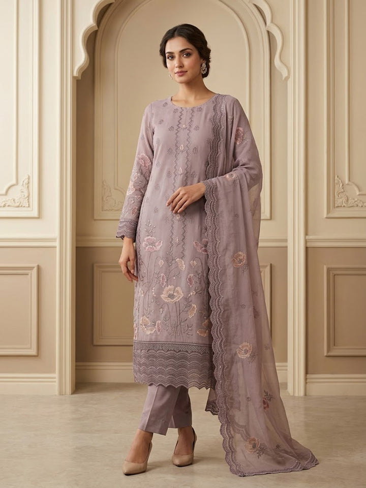 Lavender Chanderi Printed Unstitched Dress Material