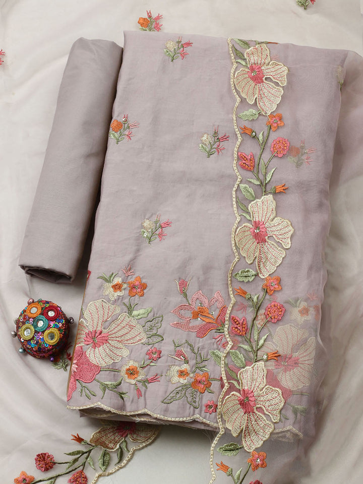 Embroidered Chanderi Unstitched Suit With Pant &amp; Dupatta