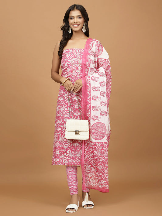 Printed Cotton Blend Unstitched Suit With Dupatta