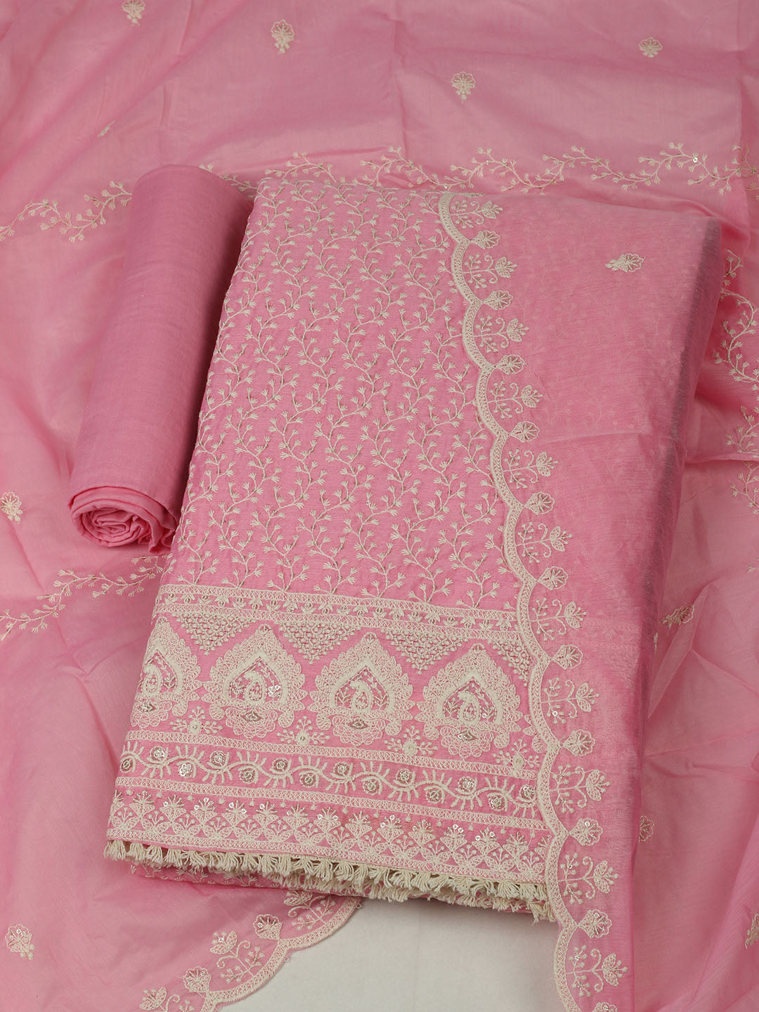 Embroidered Chanderi Unstitched Suit With Pant &amp; Dupatta