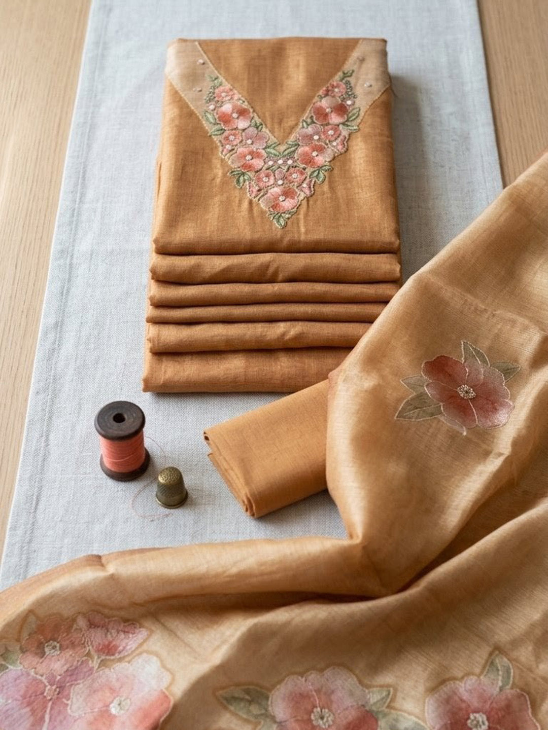 Embroidered Chanderi Unstitched Suit With Pant &amp; Dupatta