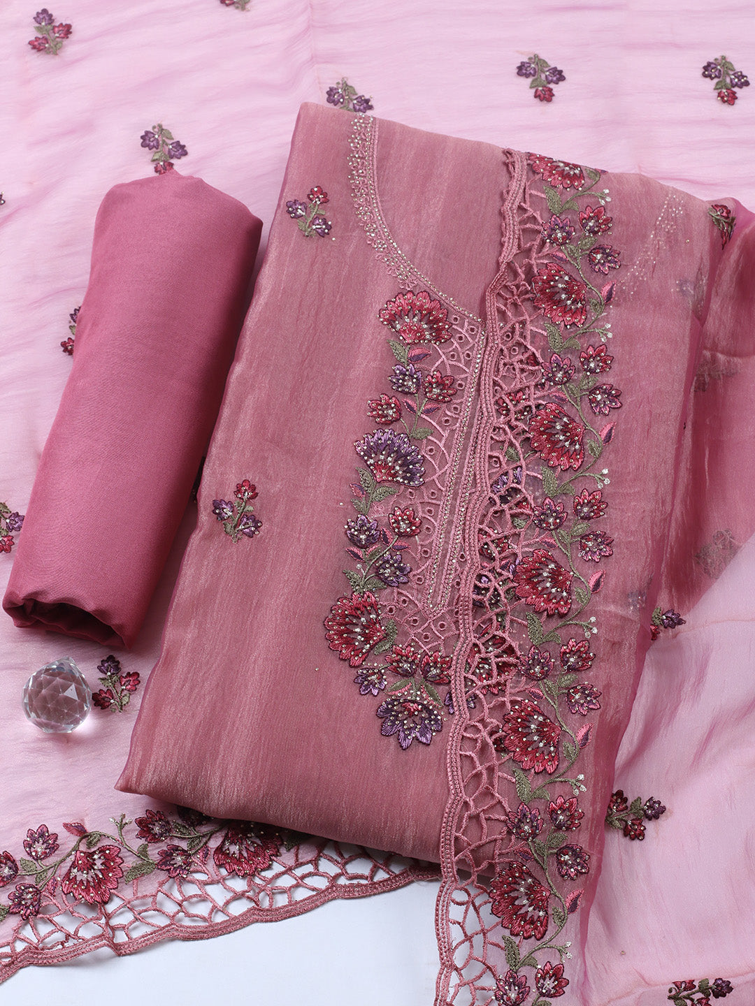 Embroidered Tissue Unstitched Suit With Pant &amp; Dupatta