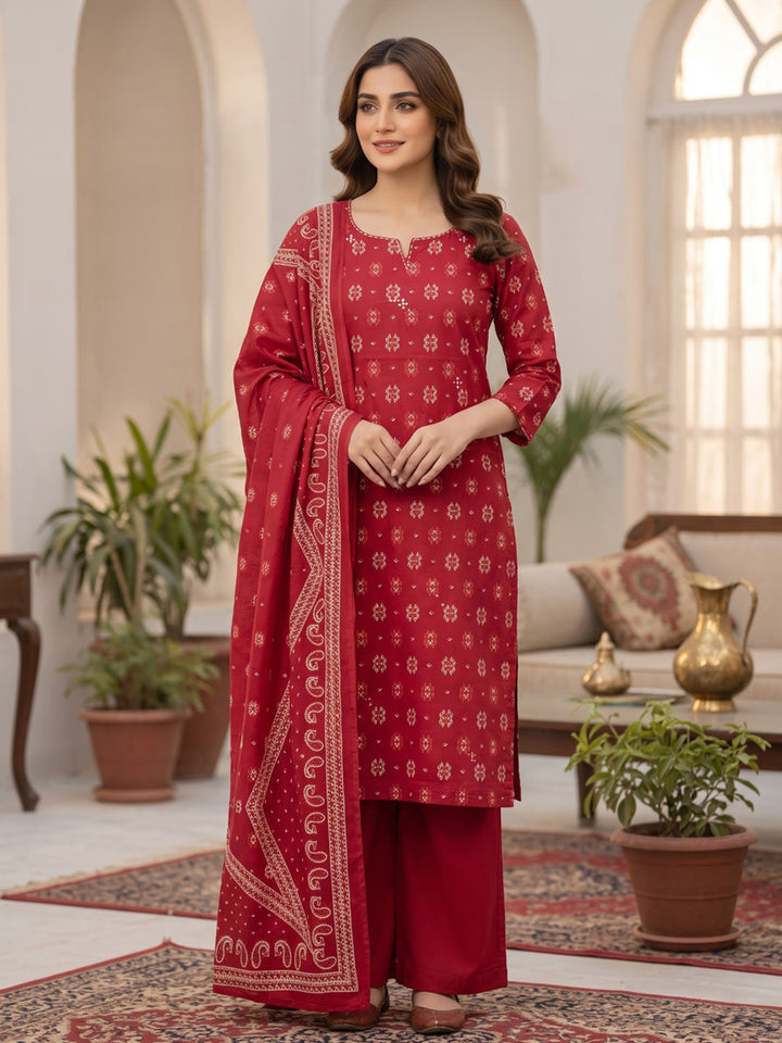 Red Printed Cotton Blend Kurta With Pant &amp; Dupatta