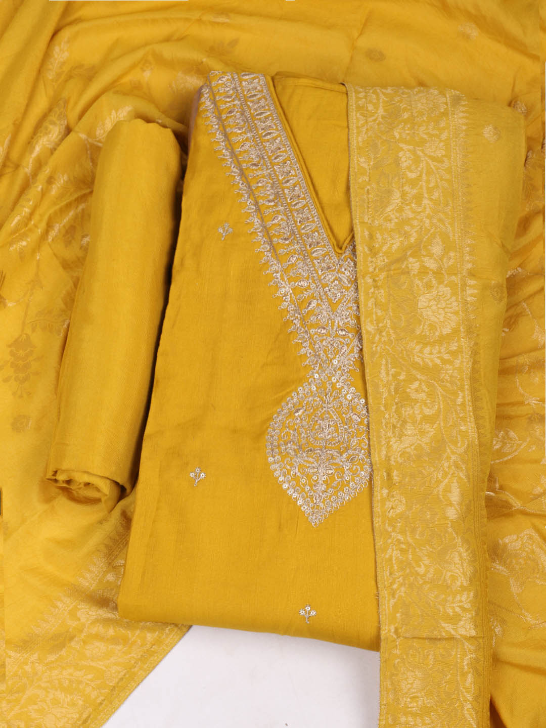 Embroidered Chanderi Unstitched Suit With Pant &amp; Dupatta