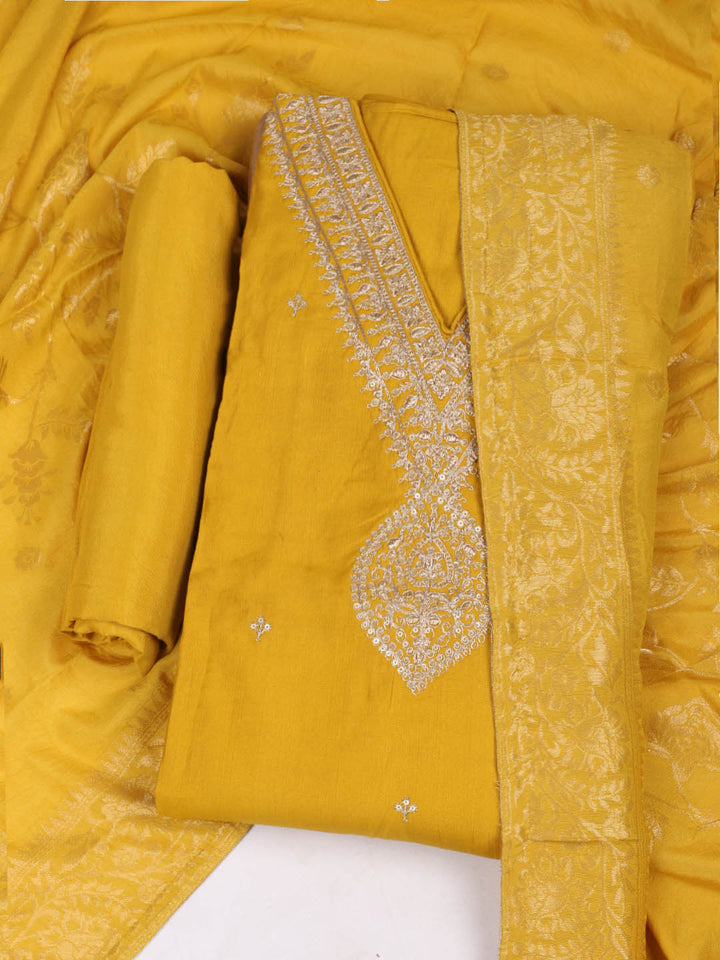 Embroidered Chanderi Unstitched Suit With Pant &amp; Dupatta