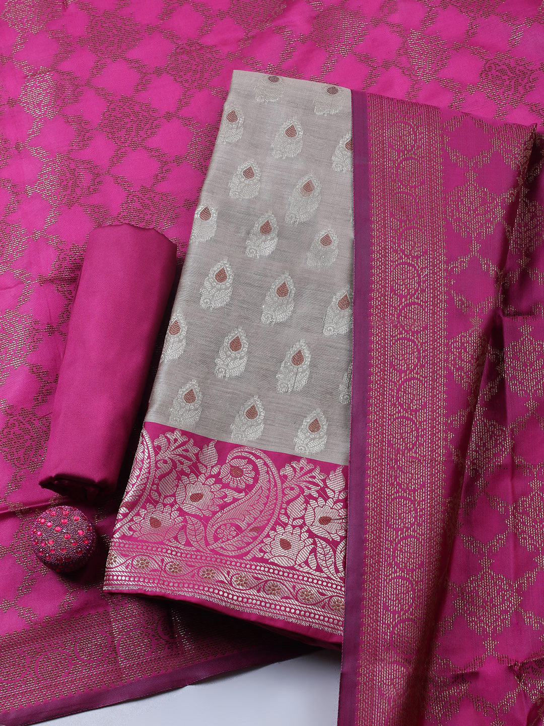 Woven Design Chanderi Unstitched Suit With Pant &amp; Dupatta