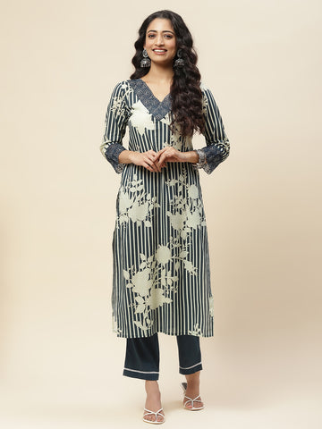 Printed Cotton Kurta With Pants Straight