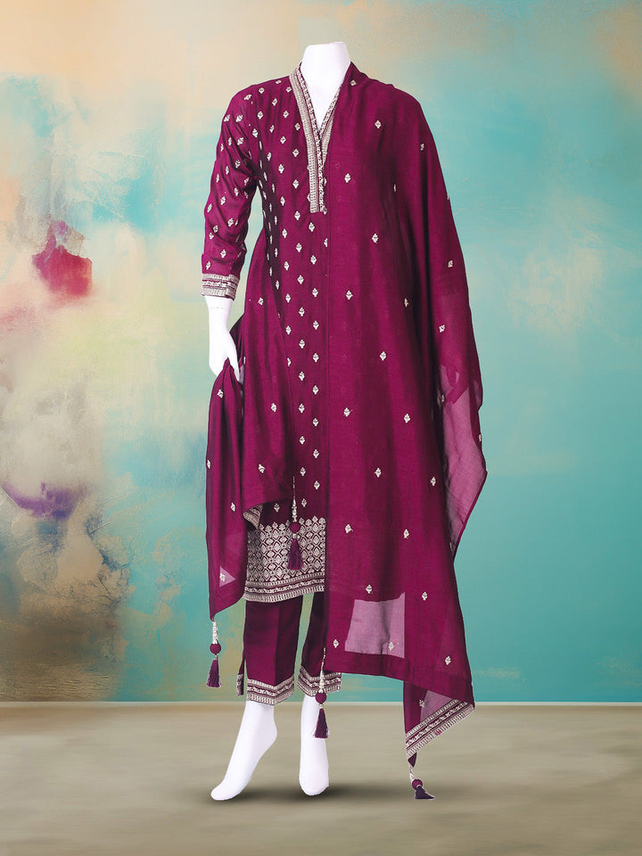 Embroidered Art Silk Kurta With Pant &amp; Dupatta