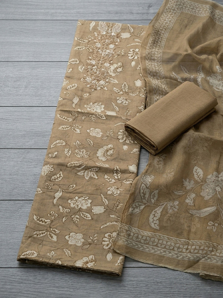 Printed Cotton Blend Unstitched Suit With Pant &amp; Dupatta