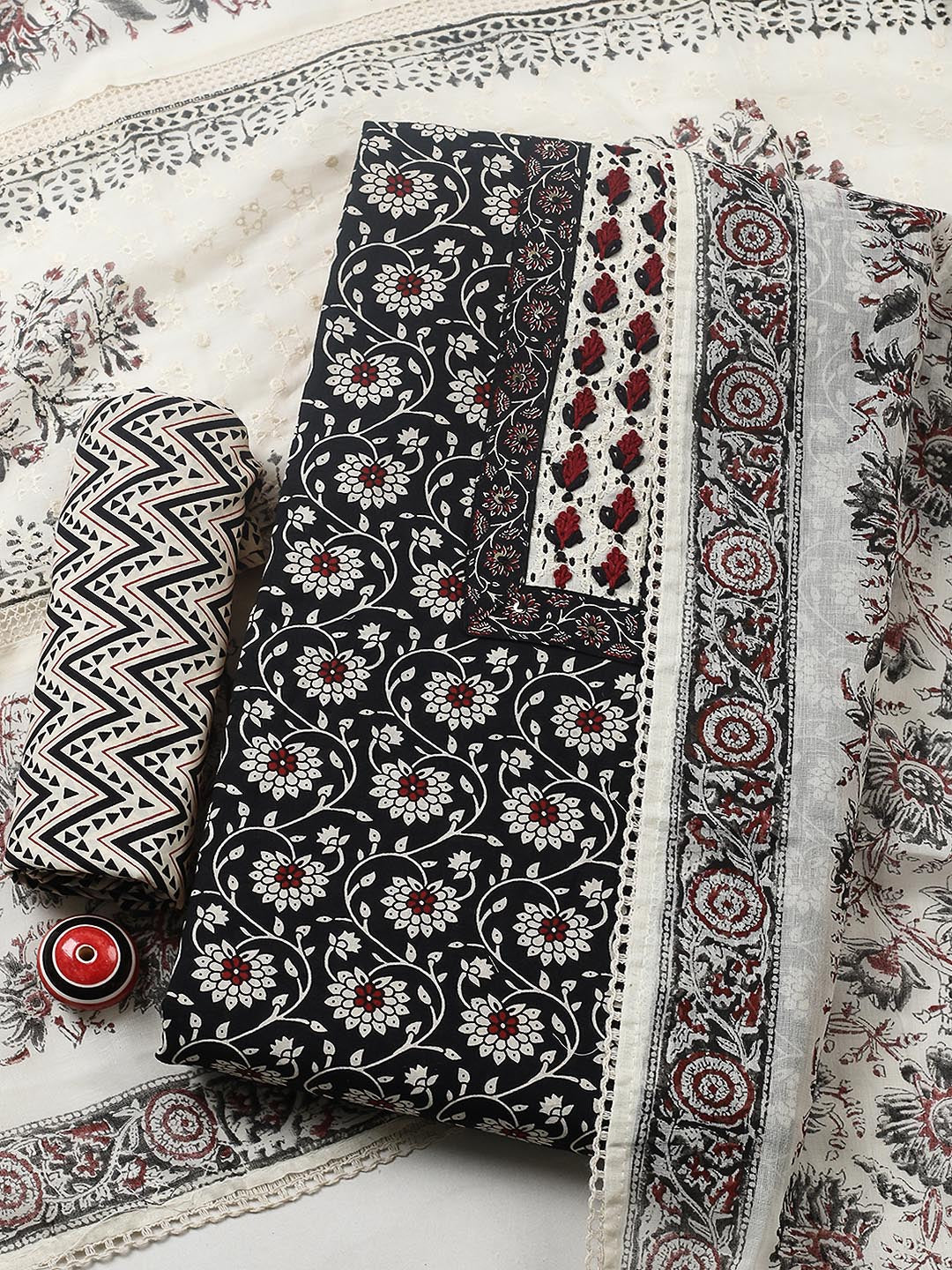 Embroidered Cotton Blend Unstitched Suit With Pant &amp; Dupatta