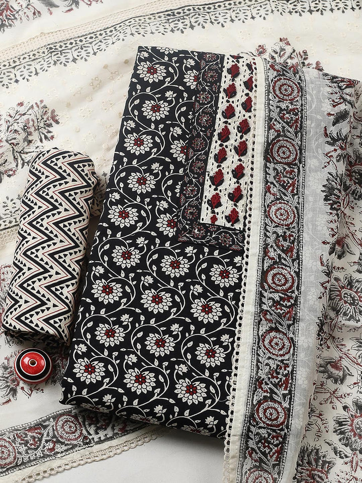Embroidered Cotton Blend Unstitched Suit With Pant &amp; Dupatta