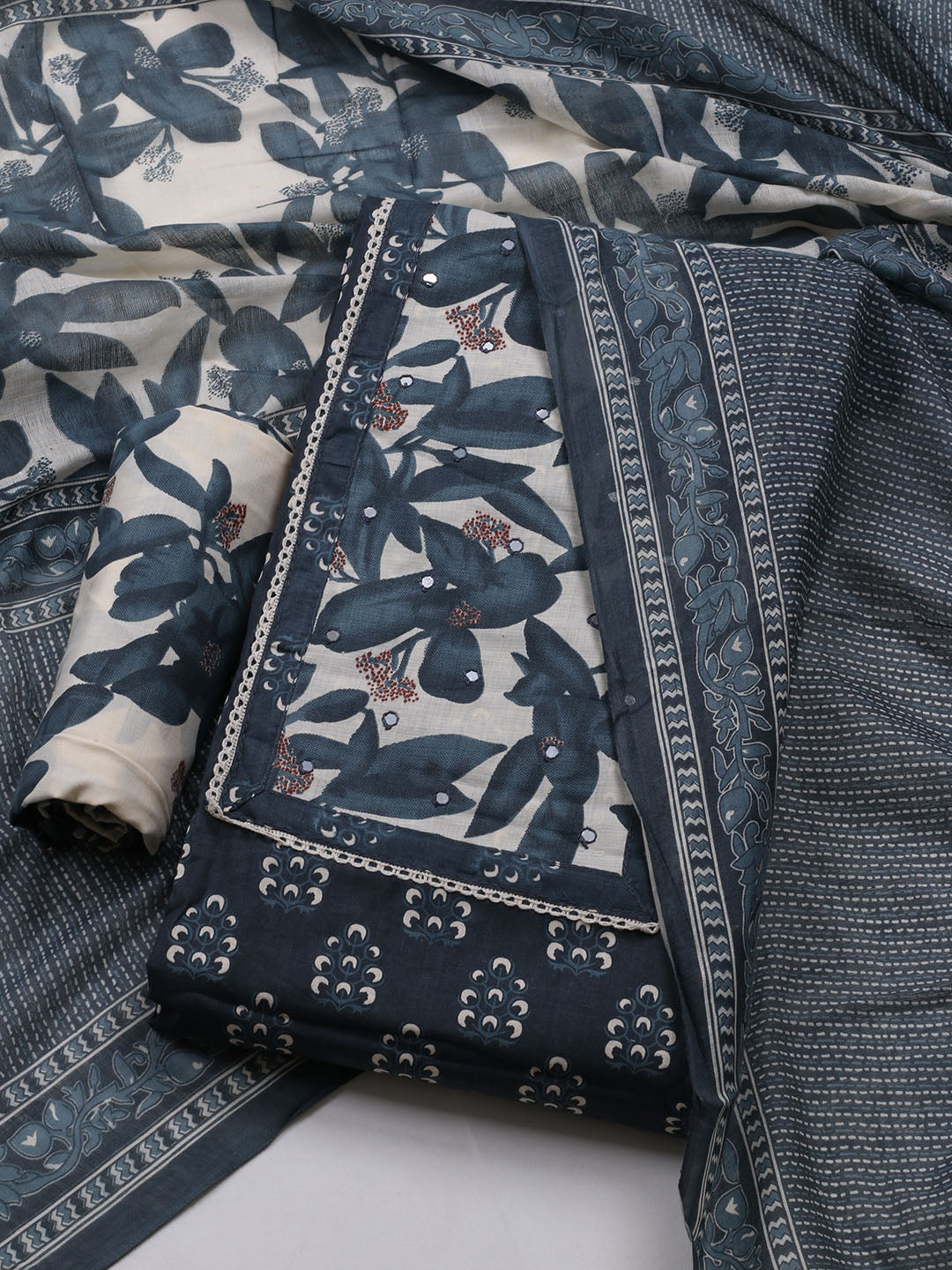 Printed Cotton Blend Unstitched Suit With Dupatta