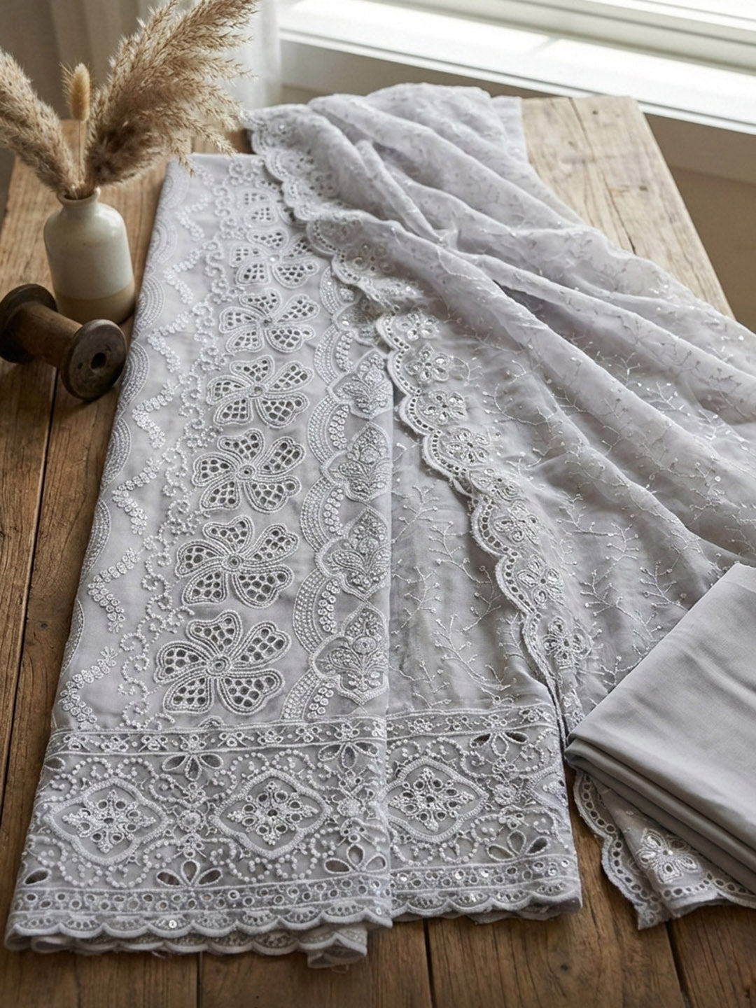 Embroidered Cotton Blend Unstitched Suit With Pant &amp; Dupatta