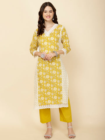 Floral Printed Cotton Straight Kurta With Pants