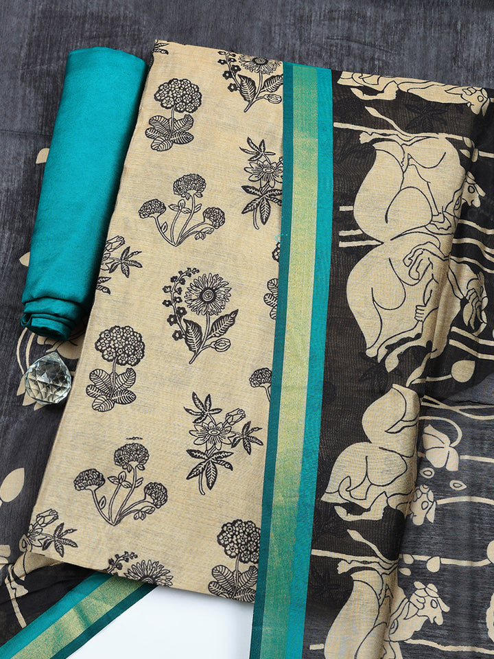 Printed Chanderi Unstitched Suit With Pant &amp; Dupatta