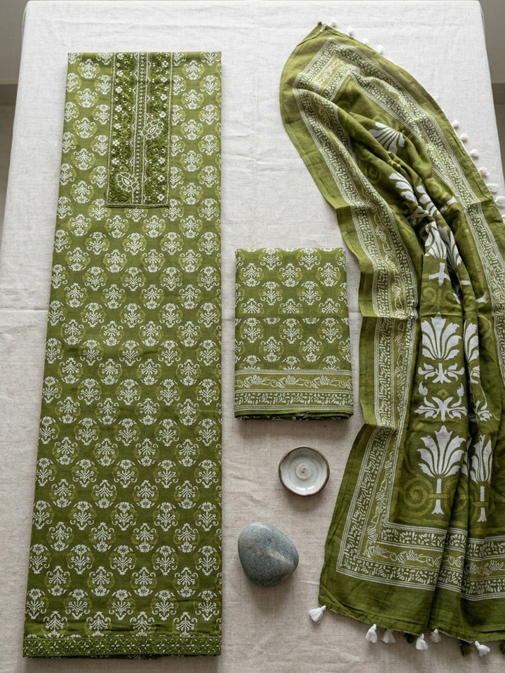 Embroidered Cotton Blend Unstitched Suit With Pant &amp; Dupatta