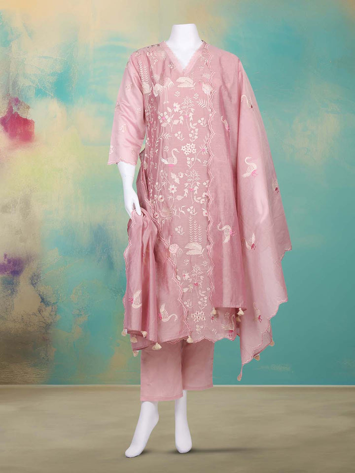 Embroidered Chanderi Kurta With Pant &amp; Dupatta