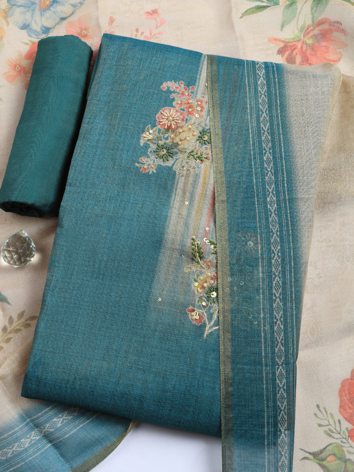 Printed Linen Blend Unstitched Suit With Pant &amp; Dupatta