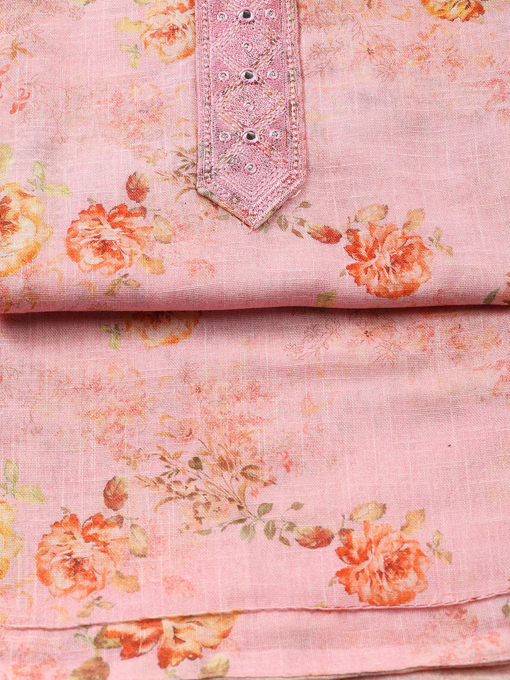 Floral Printed Linen Unstitched Suit With Dupatta