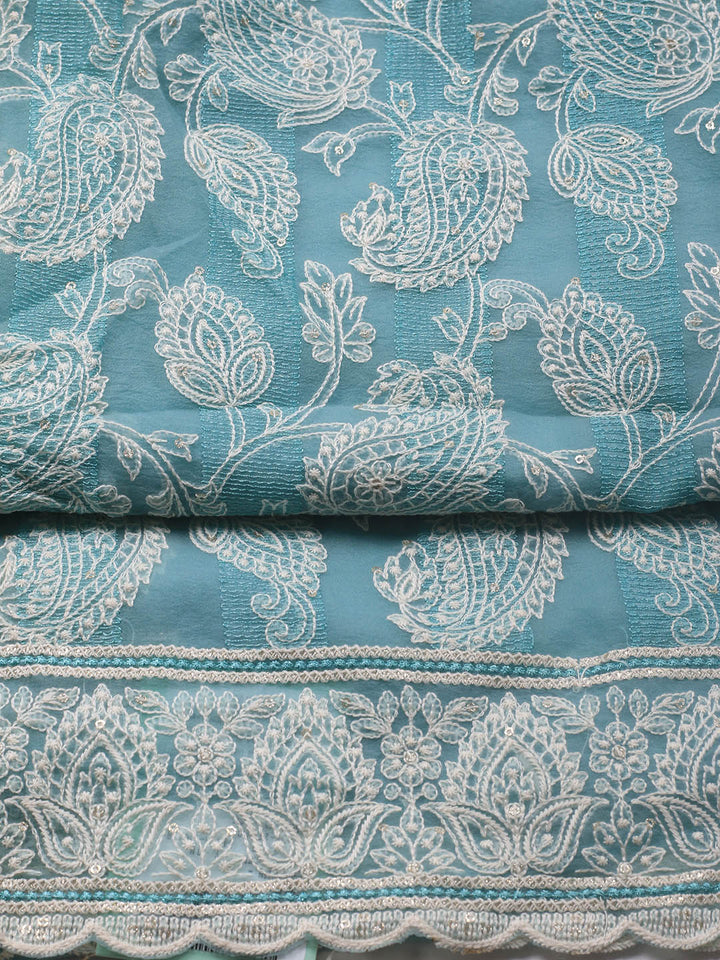 Thread Embroidery Organza Unstitched Suit Piece With Dupatta