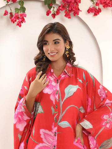 Floral Printed Muslin Kaftan Kurti With Pants