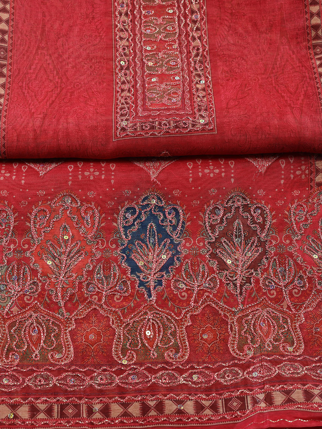 Neck Patti Chanderi Unstitched Suit With Dupatta