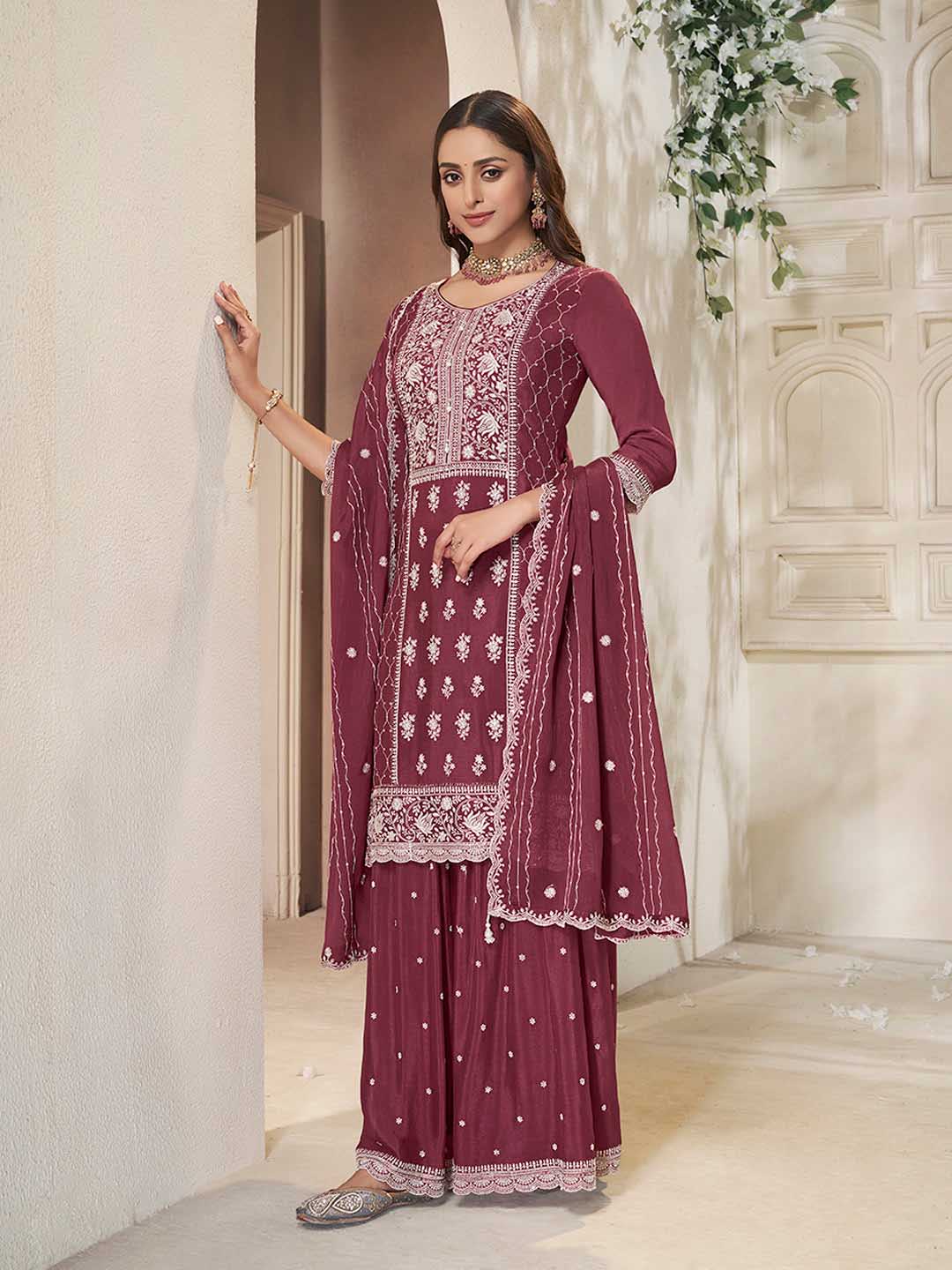 Neck Embroidery Art Silk Kurta With Sharara And Dupatta