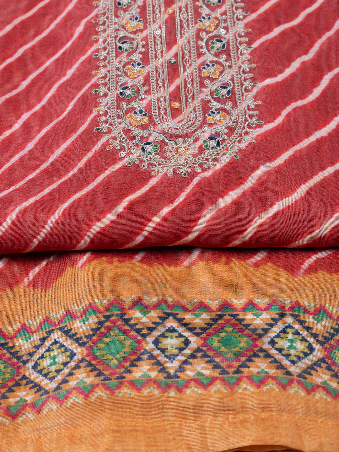 Neck Embroidered Chanderi Unstitched Suit With Dupatta