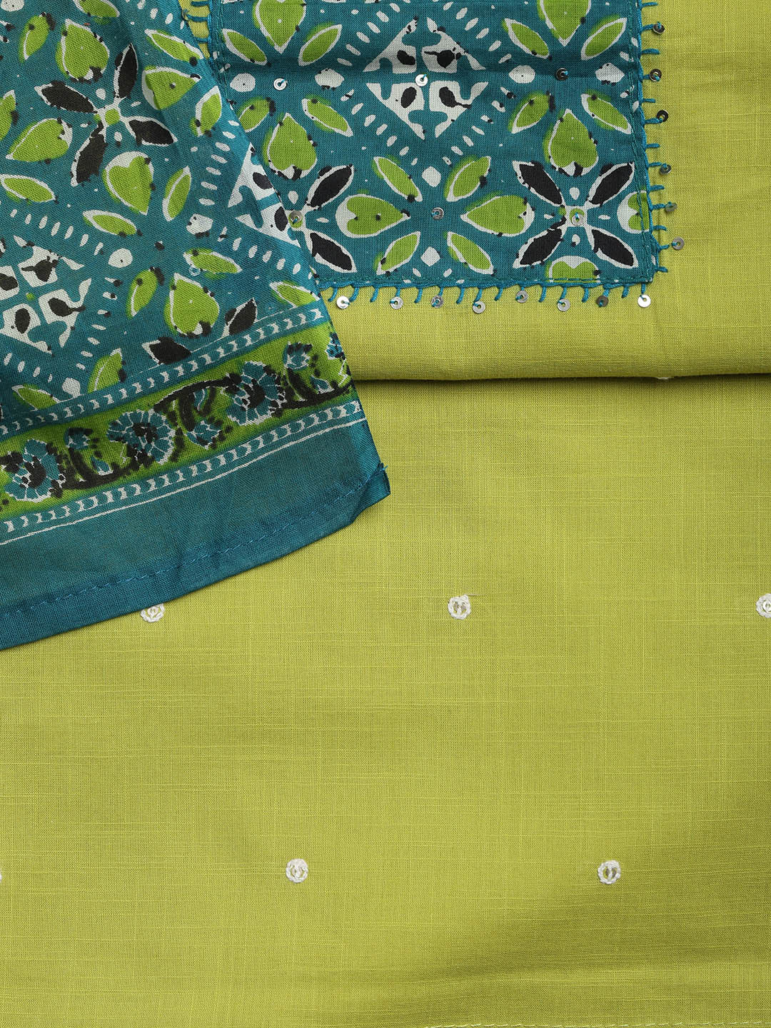 Neck Mirror Work Cotton Blend Unstitched Suit With Dupatta
