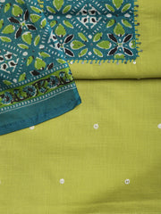 Neck Mirror Work Cotton Blend Unstitched Suit With Dupatta