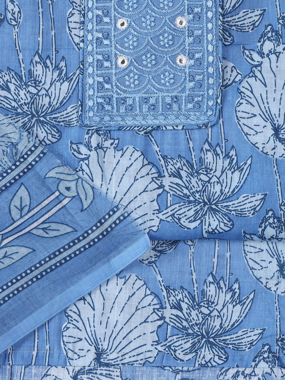 Neck Woek Cotton Blend Unstitched Suit With Dupatta