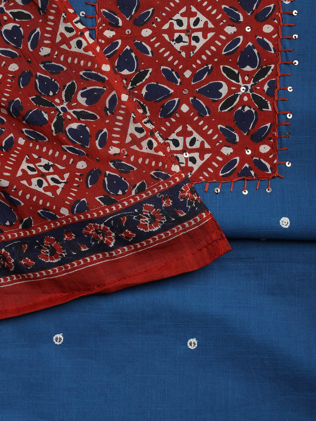 Neck Mirror Work Cotton Blend Unstitched Suit With Dupatta